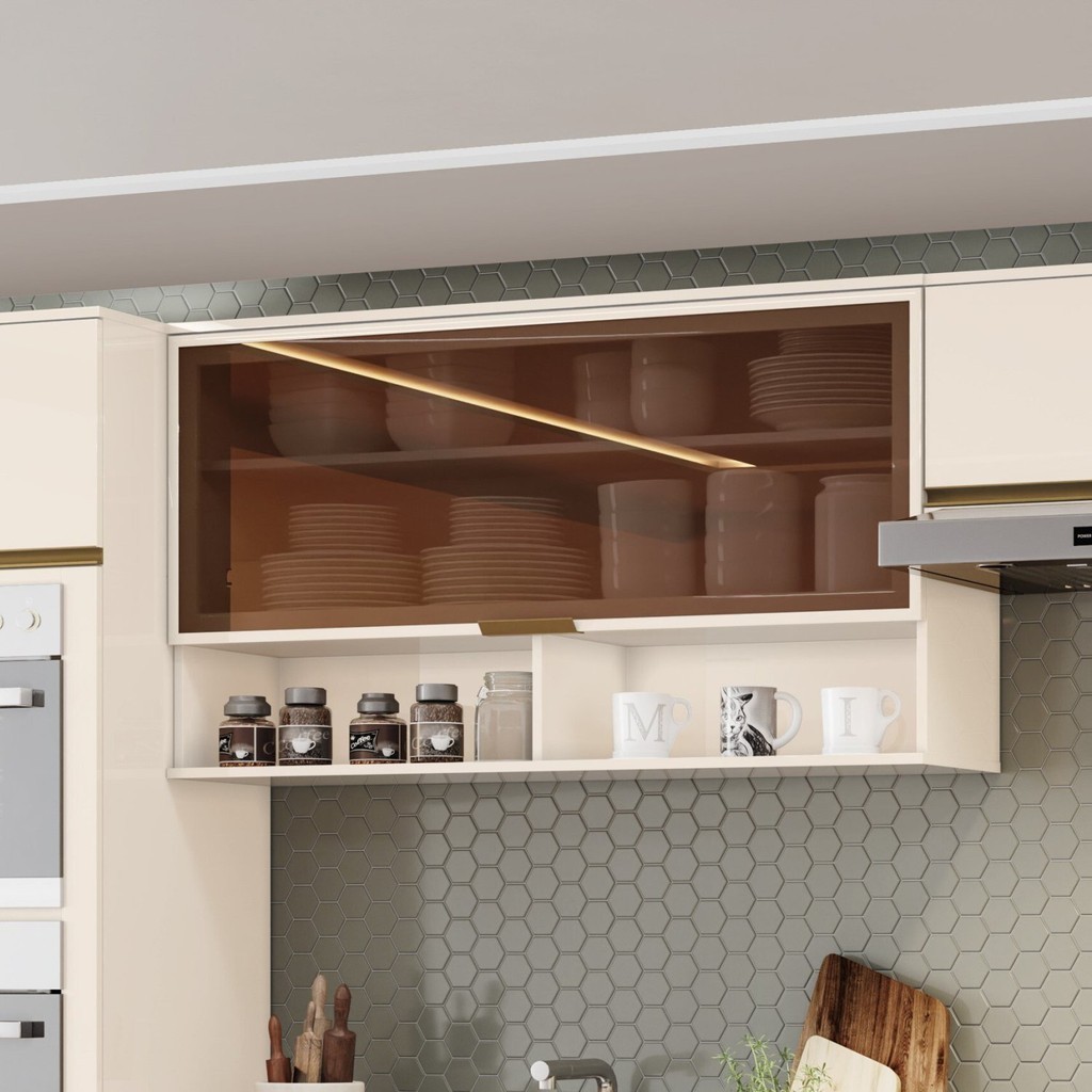 Armário Aéreo 1 Porta Basculante com Vidro 120cm Connect Off White - Home & Living