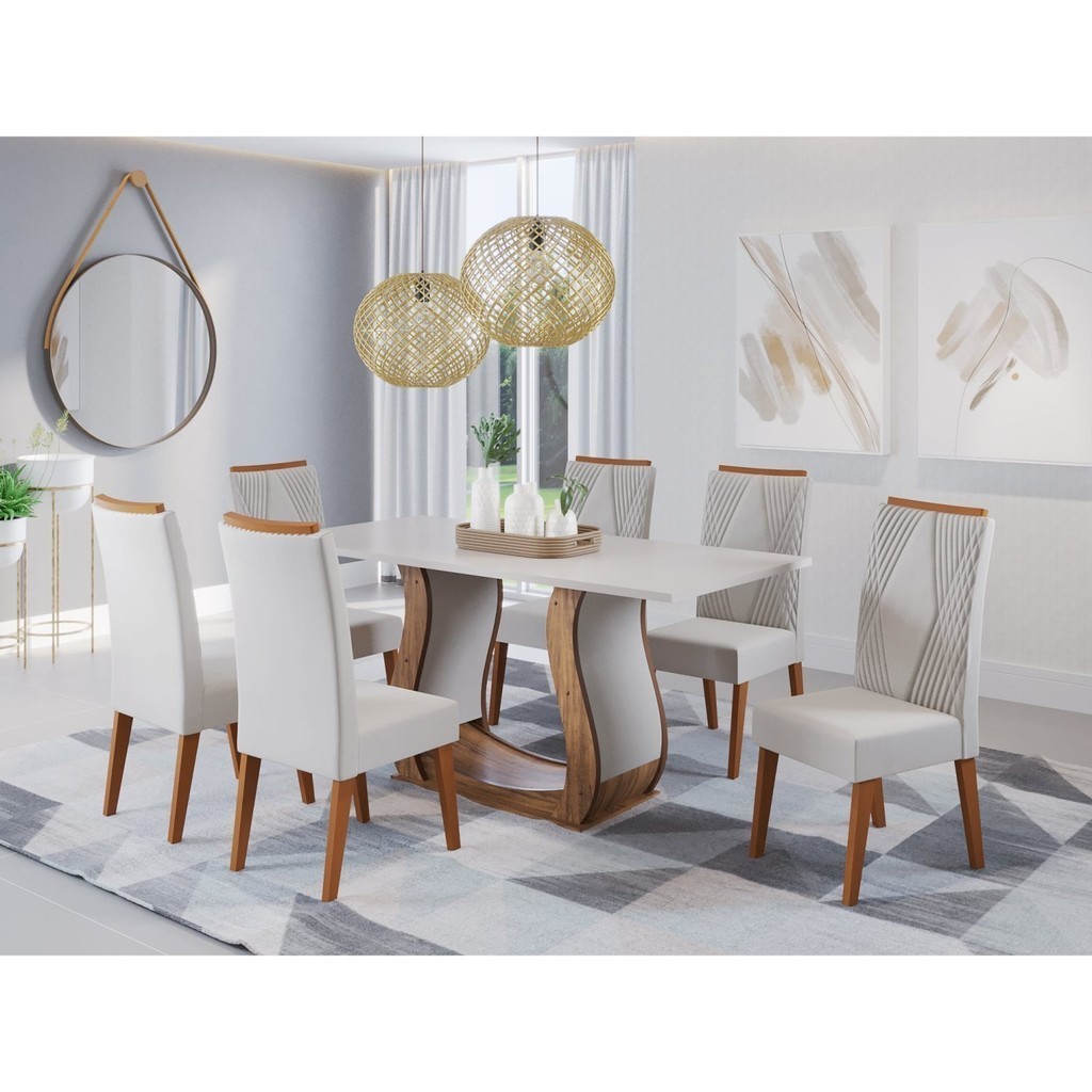 Mesa de Jantar Retangular Vitalic com 6 Cadeiras Madeira Maciça Vegas  Imbuia/Blonde/Marfim - Home & Living