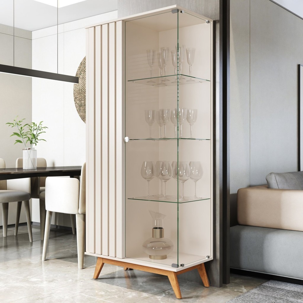 Cristaleira com Lateral e Porta Ripada Jb Açaí Vidro Temp 4mm e Pés e Travessas em Madeira Maciça Pérola em Oferta na Shopee