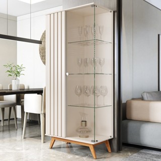 Cristaleira com Lateral e Porta Ripada Jb Açaí Vidro Temp 4mm e Pés e Travessas em Madeira Maciça Pérola em Oferta na Shopee