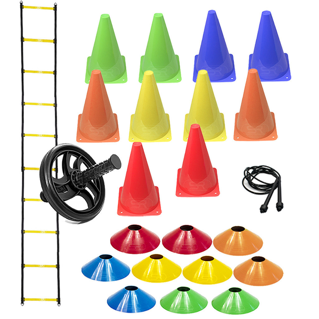 Escada Ajustável Funcional + 10 Cones Agilidade + 10 Pratos + Roda Abdominal Funcional + Corda De Pular