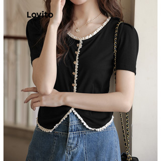 Lovito Blusa Lisa Assimétrica com Detalhes de Contraste para Mulheres LNE21283 (Multicolorido)