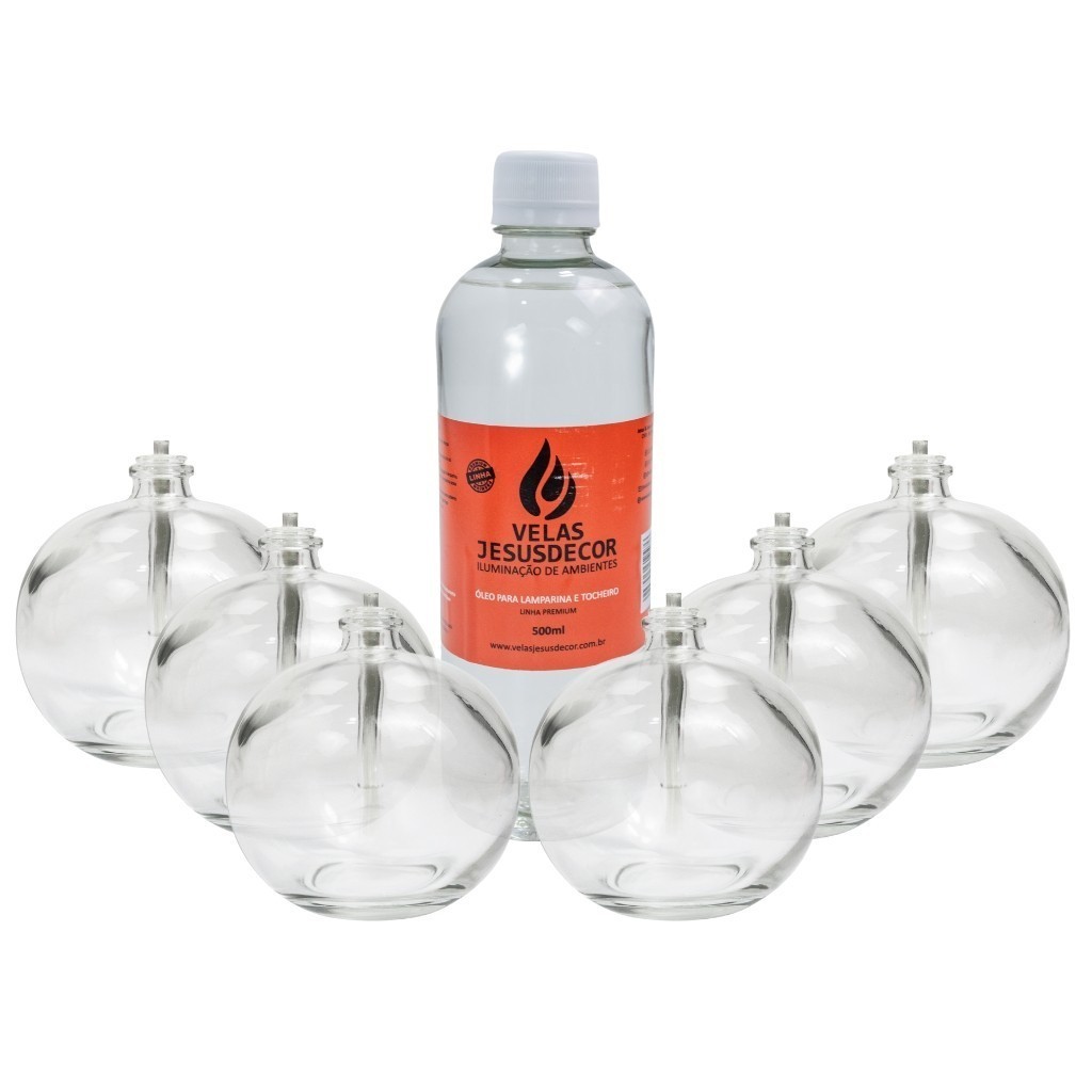 Kit Lamparina Redonda de Vidro 6 Peças e Refil Fluído 500ml