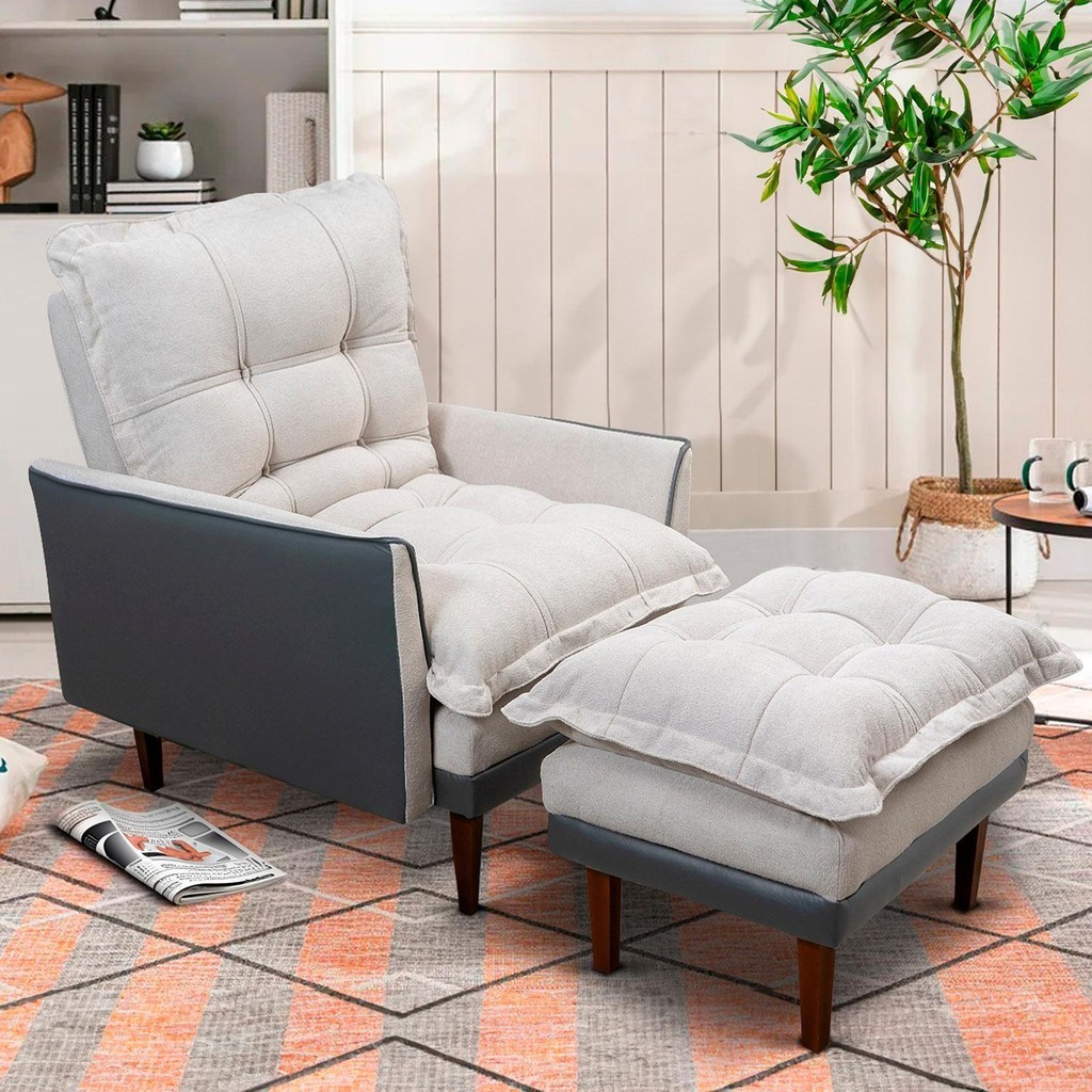 Poltrona Reclinável com Puff Catena Cinza Off White - King House - Home & Living