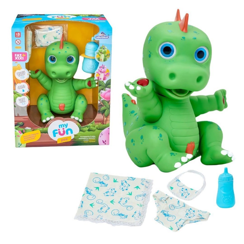 Boneco Dinossauro Faz Xixi de Verdade Verde+Mamadeira Fraldinha e Babador Brinquedo Menino Menina Faz de Conta Adijomar