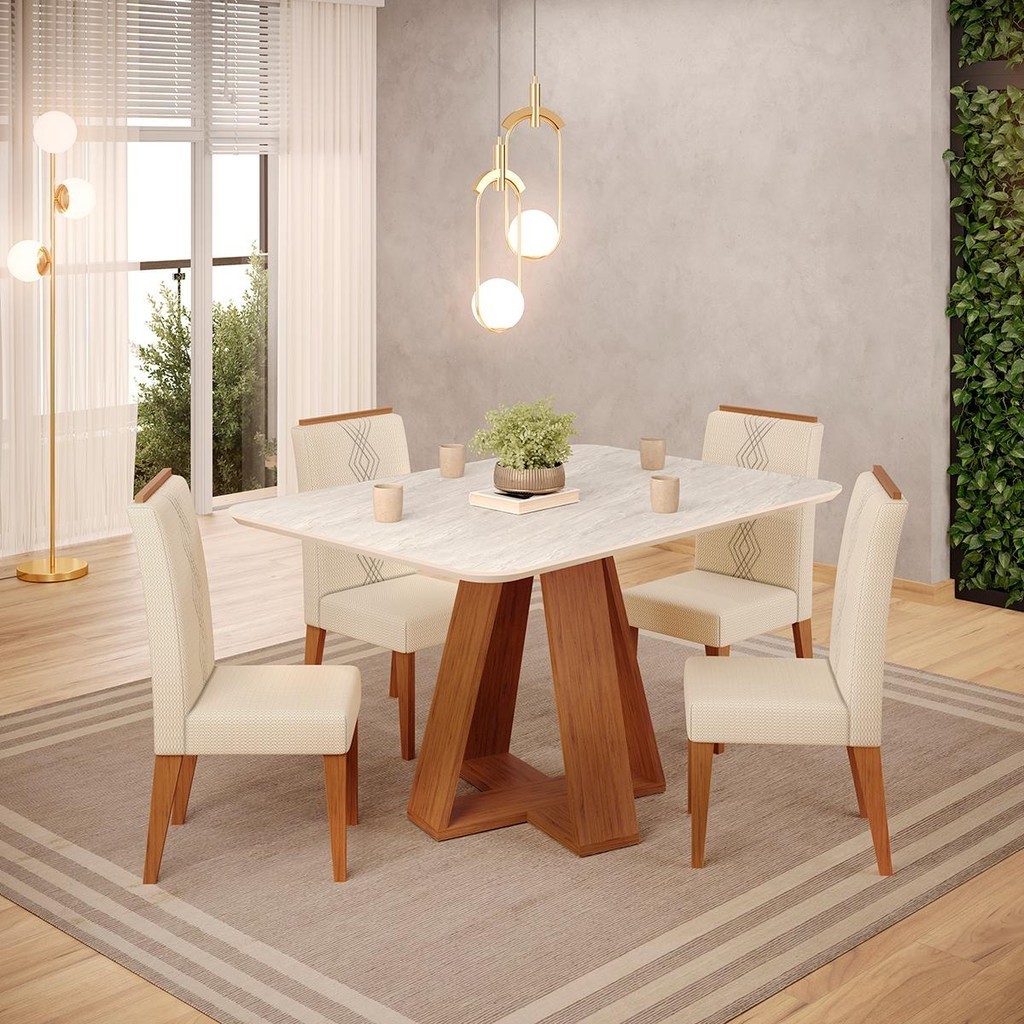 Conjunto Sala de Jantar 4 Cadeiras Tampo Sem Vidro DJ Móveis Kiara Freijó Quartzo Yasmin Linho Neve em Oferta na Shopee