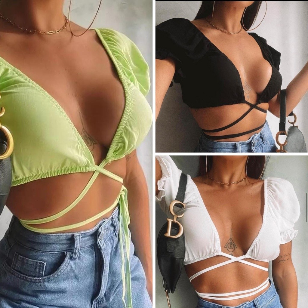 Cropped Feminino Amarração Cruzado Transpassado Com bojo