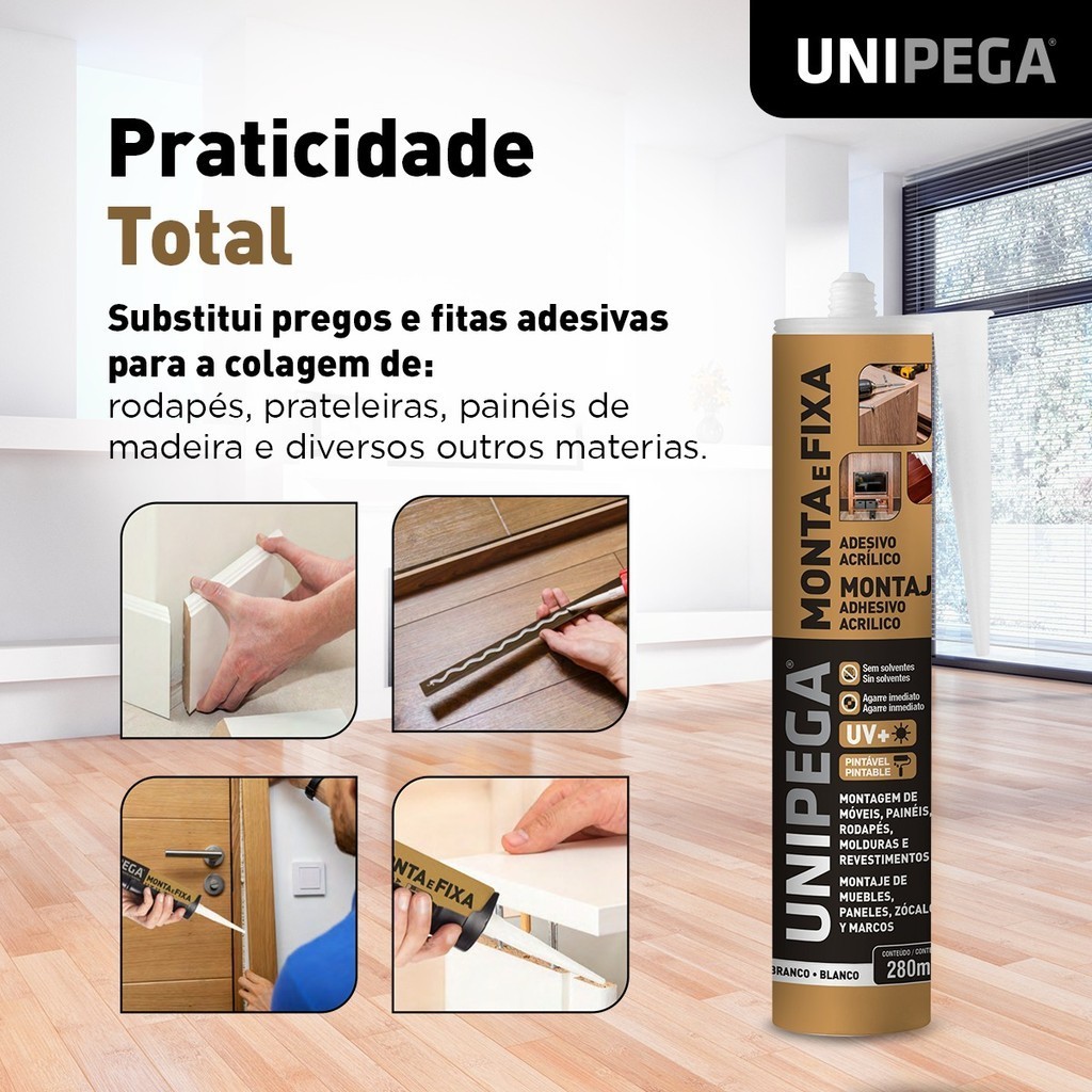 Cola Monta e Fixa Móveis Adesivo Selante 280ml Unipega Prateleira Esquadria Rodapé Concreto Gesso