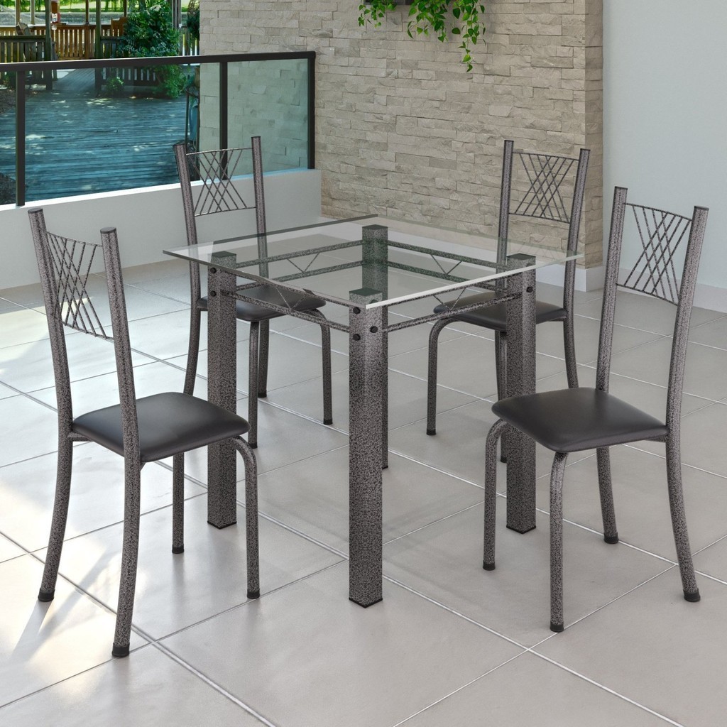 Conjunto de Jantar Mesa 75x75cm Tampo de Vidro Incolor com 4 Cadeiras Sara Yescasa Preto Liso/Mart Prata - Home & Living