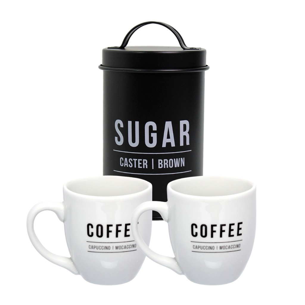 Jogo 2 Canecas Porcelana Branca Café Chocolate + Pote Lata Preto Sugar