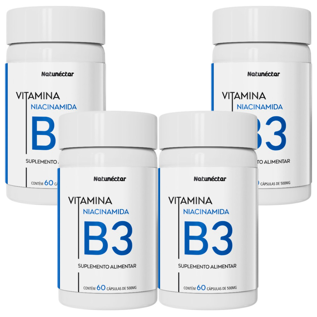 Kit 4x Vitamina B3 Niacinamida 35mg 240 Capsulas Natunectar 500mg Niacina Humor Sono Estresse