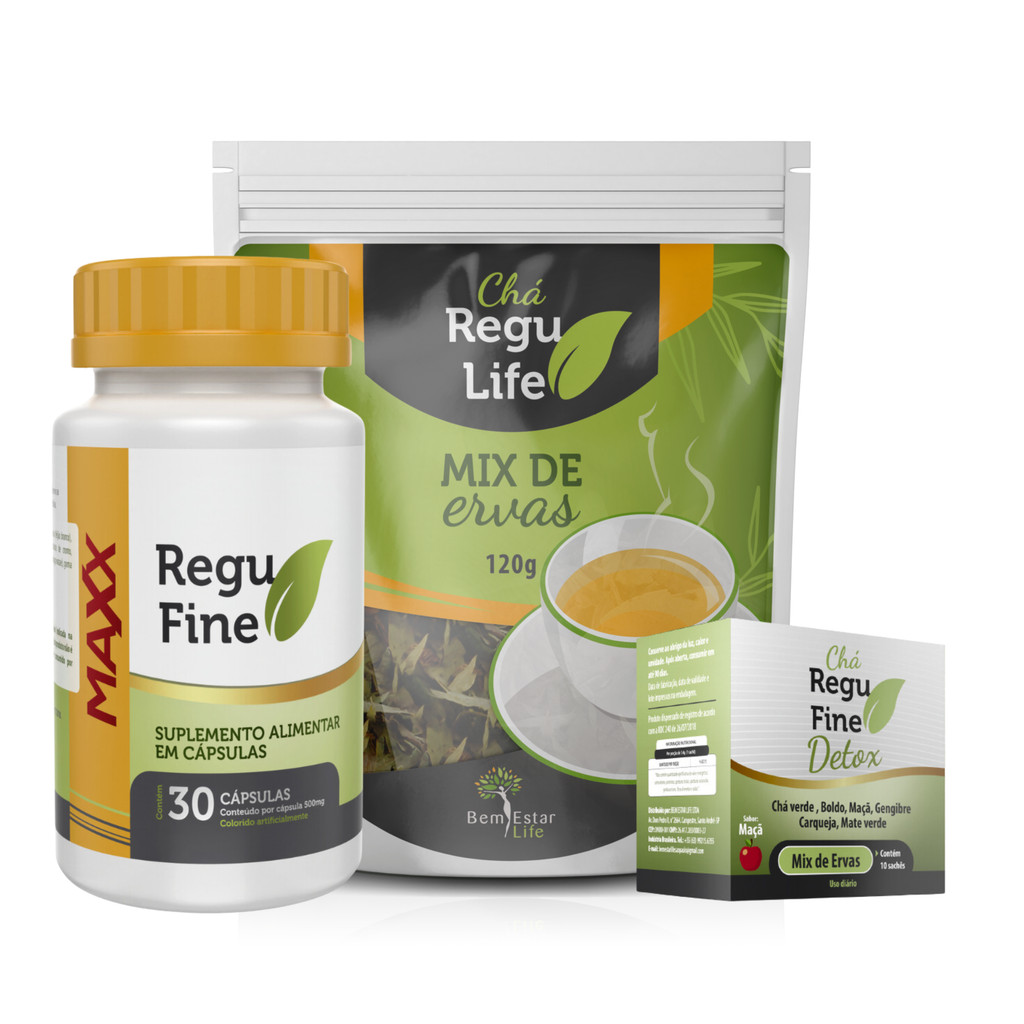 Combo: Regu Fine Maxx 30 cáps. + Chá Regu Life e Regu Fine Detox