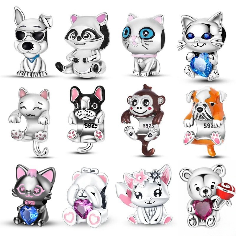 Original autêntico S925 prata esterlina contas de animais rosa coelho gato cão adequado pulseira fazendo DIY aniversário em Oferta na Shopee