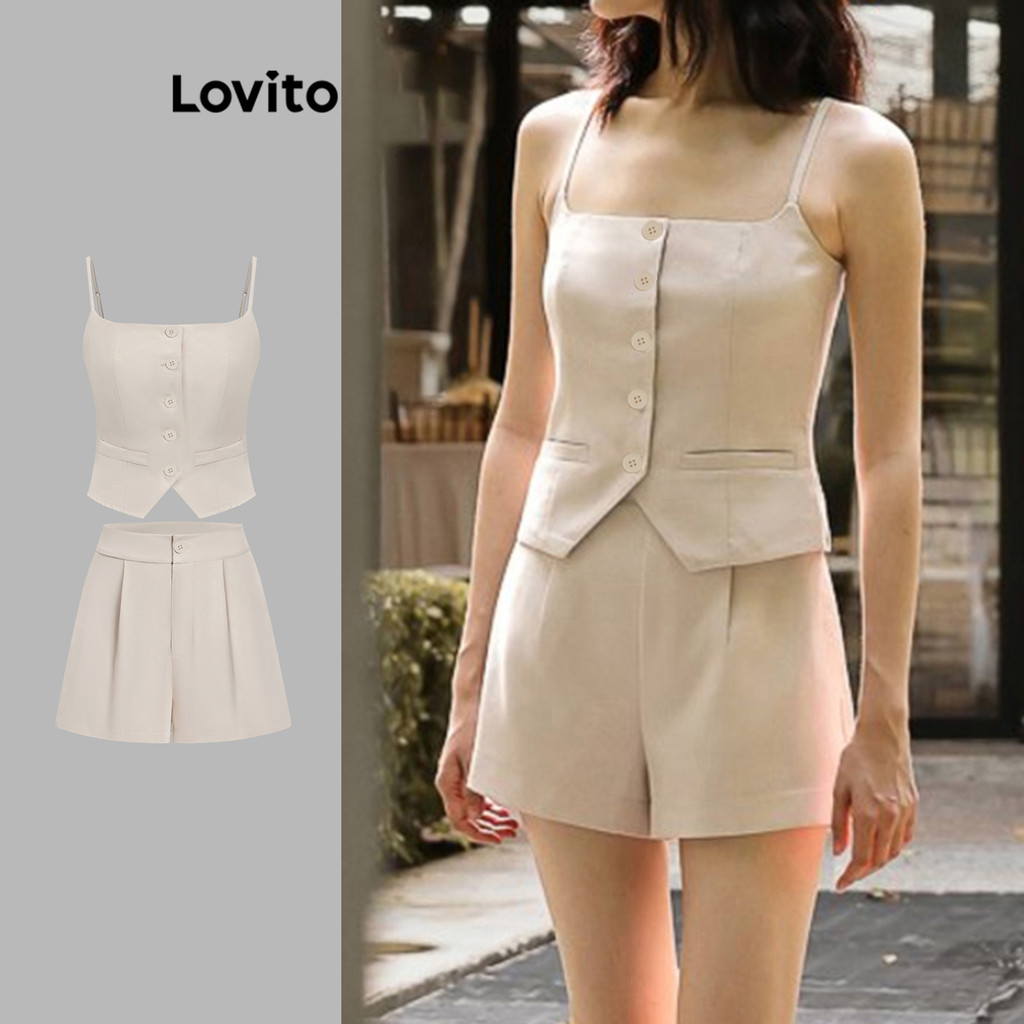 Lovito Tops ou calças femininas elegantes com botões lisos L113MD613 - Women Clothes