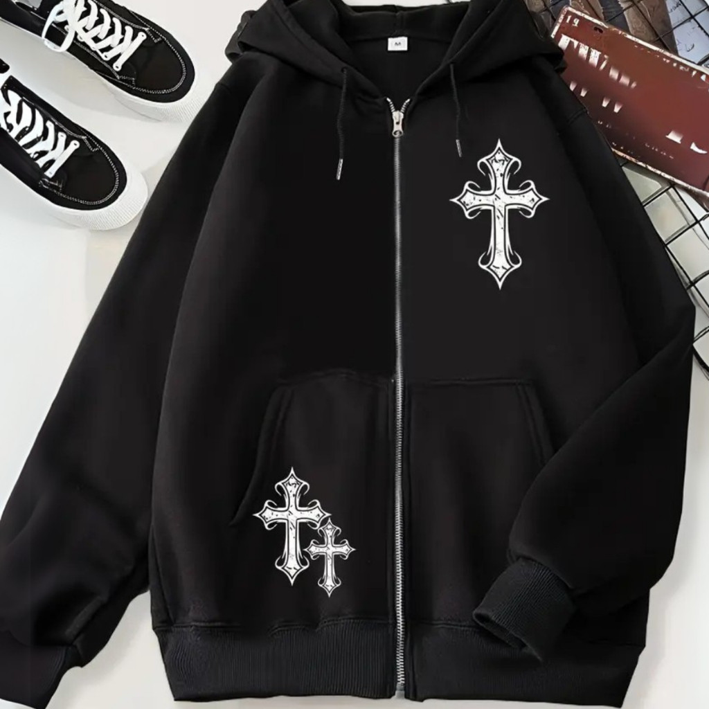 Moletom  Oversized Cruz Zíper  Estilo Streetwear e Gótico  Atemporal Estilos Urbanos em Oferta na Shopee