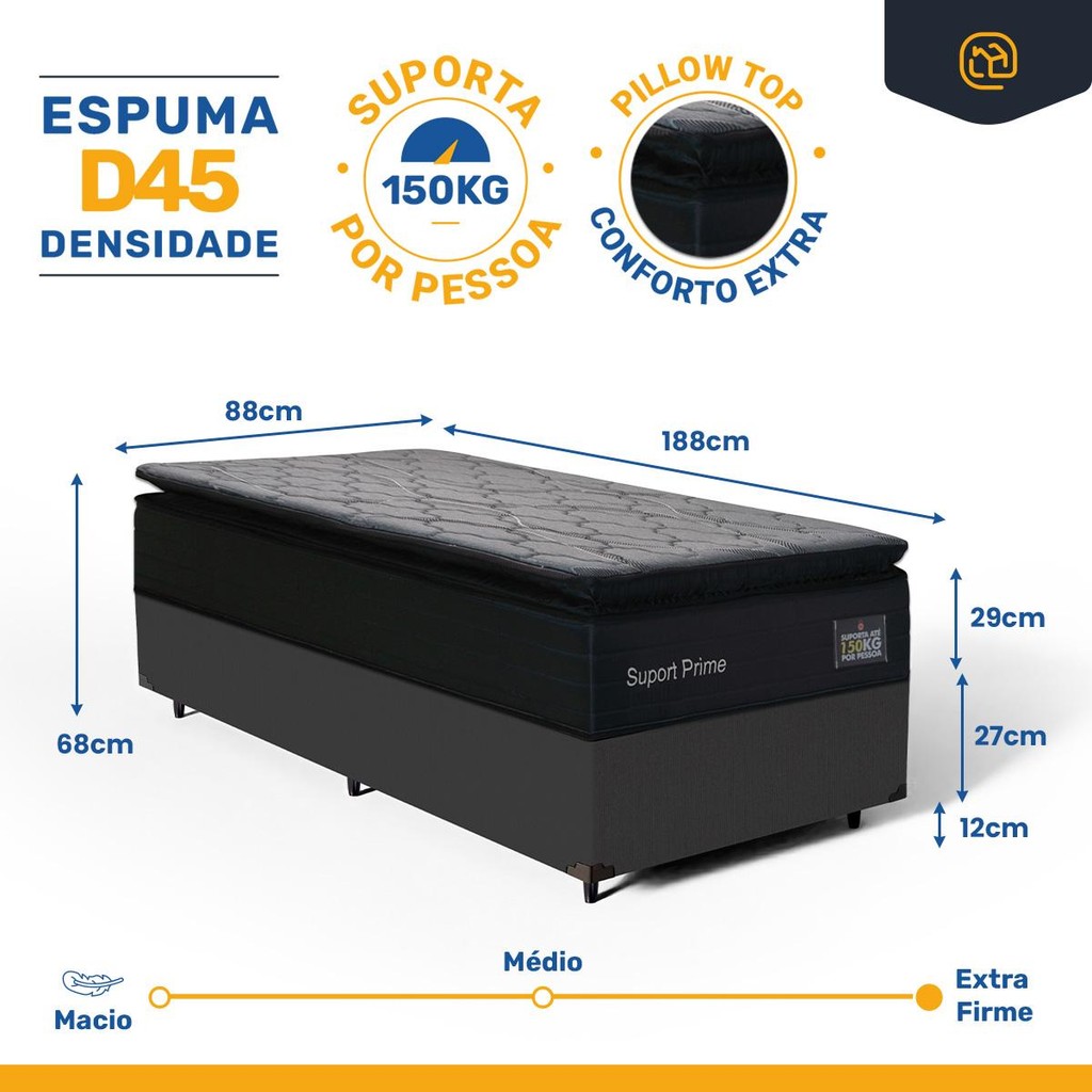 Cama Box com Colchão de Espuma D45 Pillow Top Suport Prime Solteiro 88cm