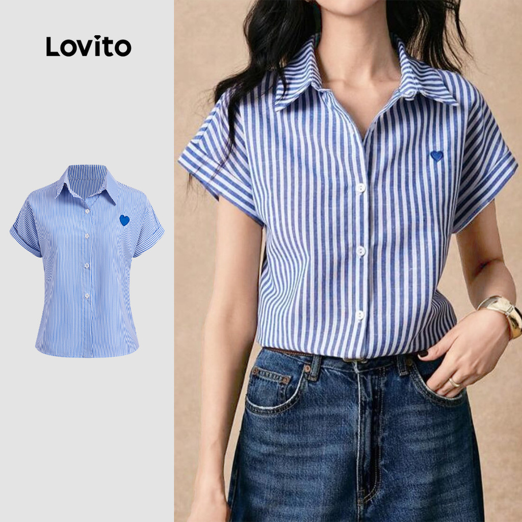 Lovito Blusa Casual listrada com botões bordados para mulheres L123ED685 - Women Clothes