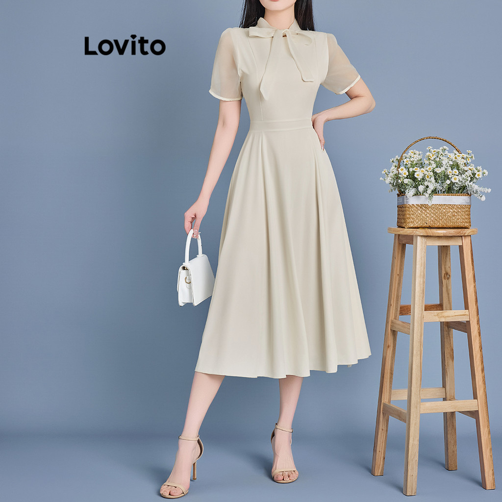 Lovito Vestido elegante com costura em tecido liso com cadarço para mulheres L120LD1312 - Women Clothes