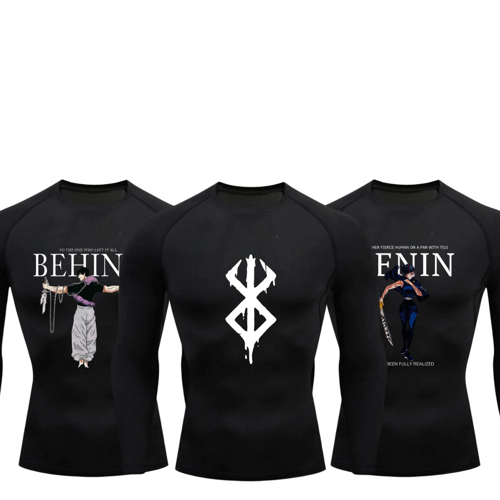 Kit 3 Camisetas Compressão Proteção Uv Estampada Tecido Gelado Segunda Pele Manga Longa Animes Toji Berserk Maki