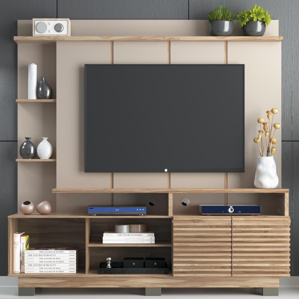 Rack com Painel para TV até 60 Polegadas 2 Portas Ripadas HO4200 Cor Marrom - Decibal Móveis em Oferta na Shopee