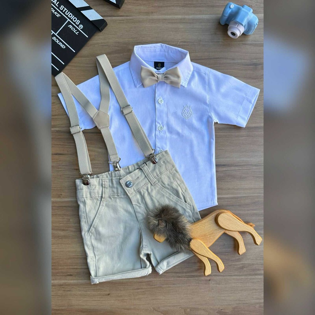 Conjunto Social Bermuda Nude com Camisa Branca Kit Gravata e Suspensório Infantil