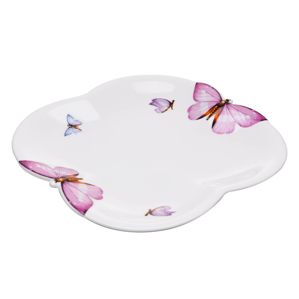 Conjunto 6 Pratos para Sobremesa de Porcelana Borboletas Branco 19cm - Wolff