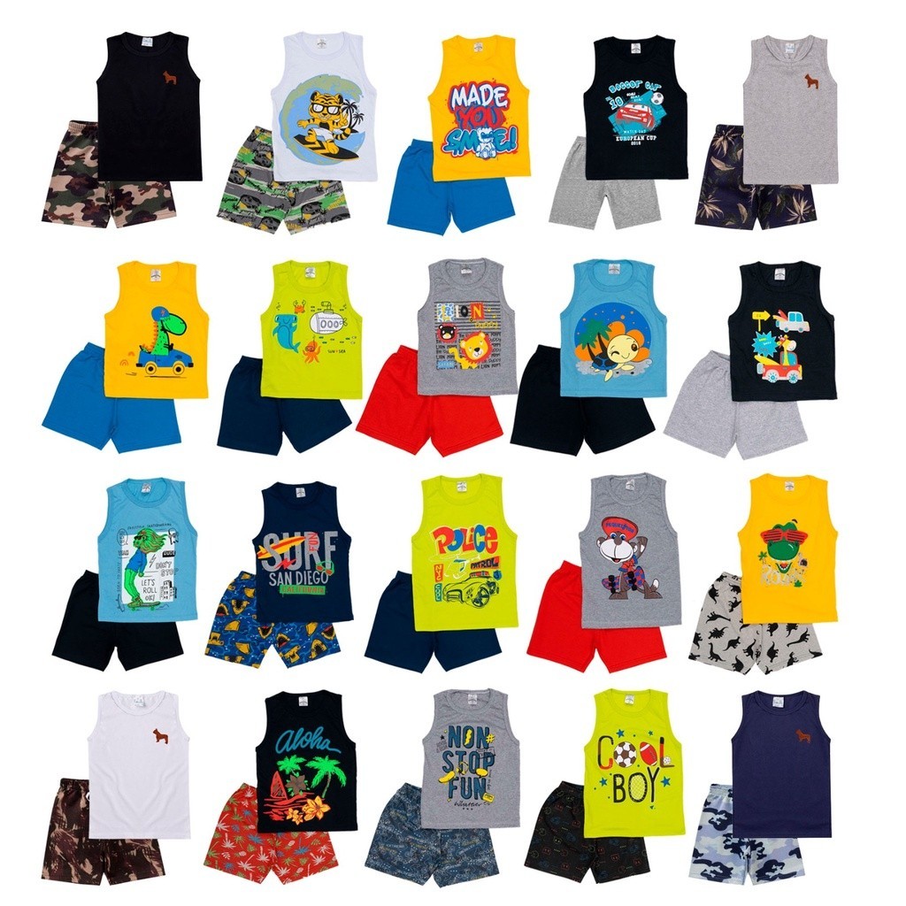 Kit 10 peças de roupas sendo 5 regatas e 5 bermudas regata estampada ou lisa conjunto infantil menino  bermuda tamanho 1 2 3 4 6 8 10