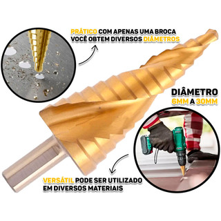 Broca Escalonada Em Aço Rápido E Titânio 13 Etapas Para Madeira Metal Plástico 6mm A 30mm em Oferta na Shopee