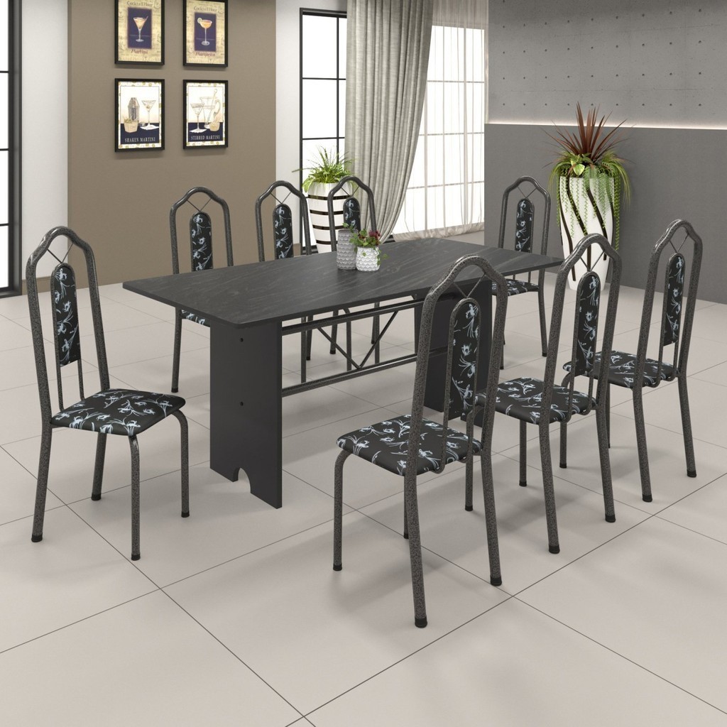 Conjunto de Mesa 180x75cm Tampo Ardósia com 8 Cadeiras Bianca Soma Móveis Martelado Prata/Ardósia Indiano/Preto em Oferta na Shopee