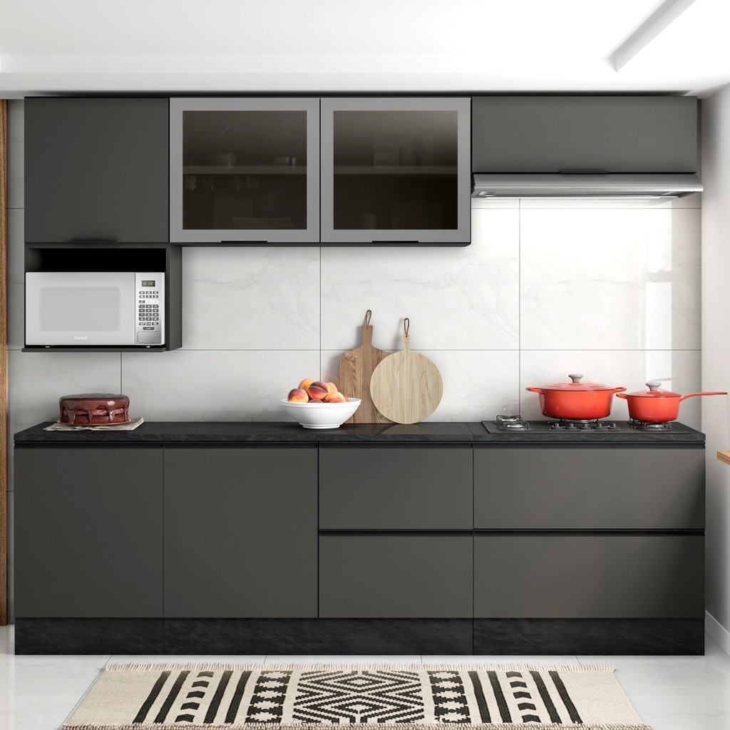 Cozinha Modulada Completa 7 Peças 7 Portas 4 Gavetas com Balcão para Cooktop Etna  Grafite em Oferta na Shopee