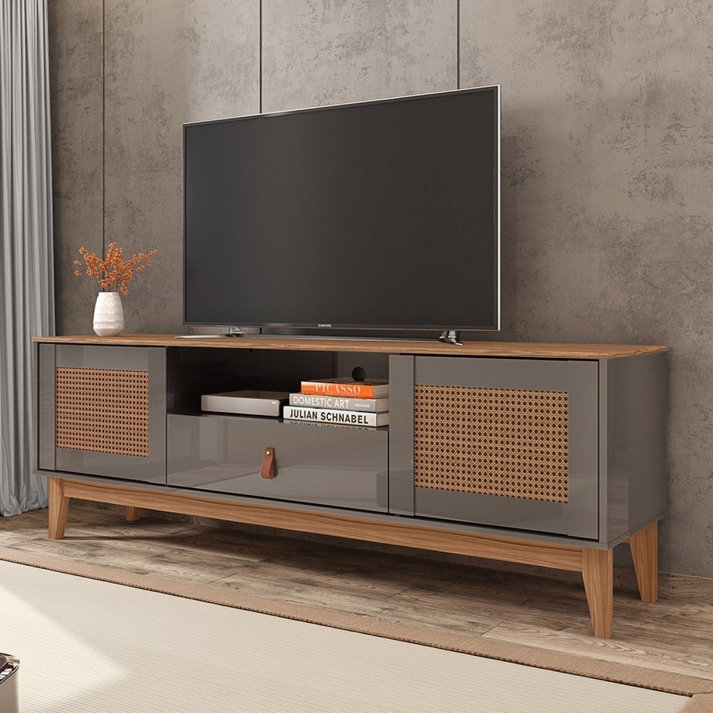 Rack para TV até 60 Polegadas Pés em Madeira Maciça 160cm Esmeralda Versátile Cinza Perola/Noce em Oferta na Shopee