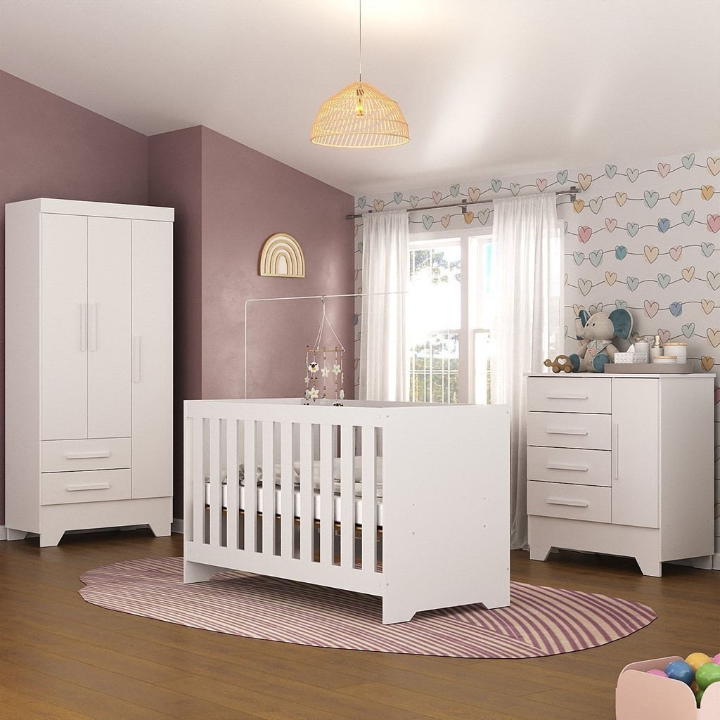 Quarto de Bebê Completo Guarda Roupa 3 Portas 2 Gavetas com Cômoda e Berço Lily Branco - Mom & Baby
