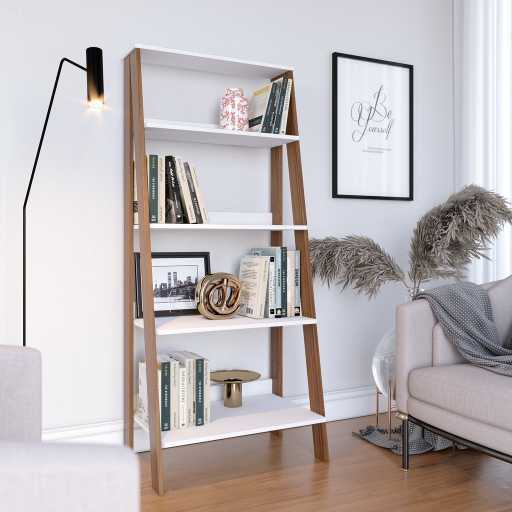 Estante para Livros Escada 140cmx61cm 4 Prateleiras Tok Yescasa Branco/Marrom