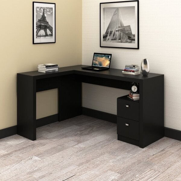 Mesa para Escritório 113x138,5cm em L com 2 Gavetas ME4129 Preto - Home & Living