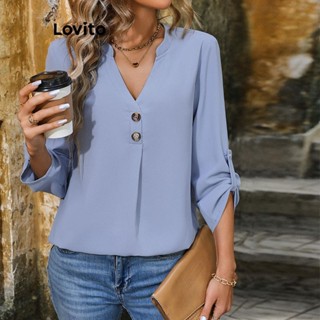 Lovito Blusa Casual Plissada Com Botão Liso Para Mulheres LNL50071