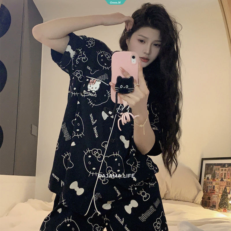 Pijama Preto Hello Kitty Tie-dye De Manga Curta De Verão Feminino Conjunto De Pijamas Algodão Fino Wicking Loose Homewear De Duas Peças [GM]