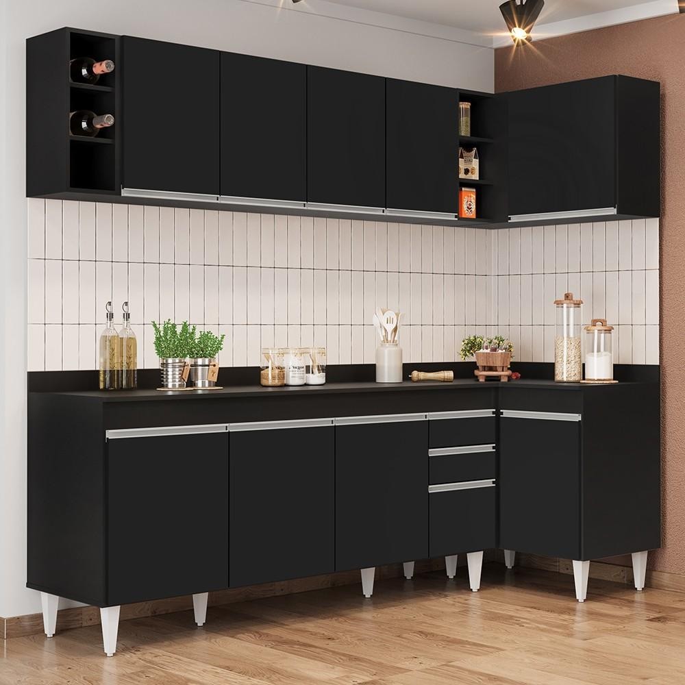 Armário de Cozinha Modulado de Canto Esquerdo 5 Peças CP53 Balcão com Tampo Preto - Lumil - Home & Living