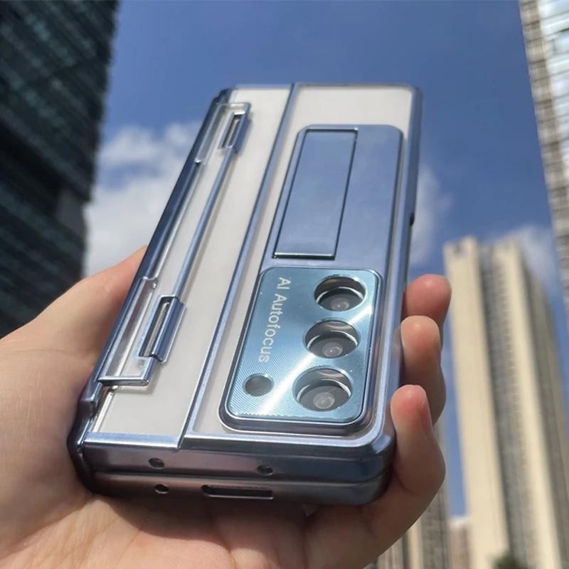 Para Samsung Galaxy Z Fold 7 6 5 4 3 5G Caso Dobradiça Chapeamento Casos Transparentes Com Suporte & Protetor De Tela Lu