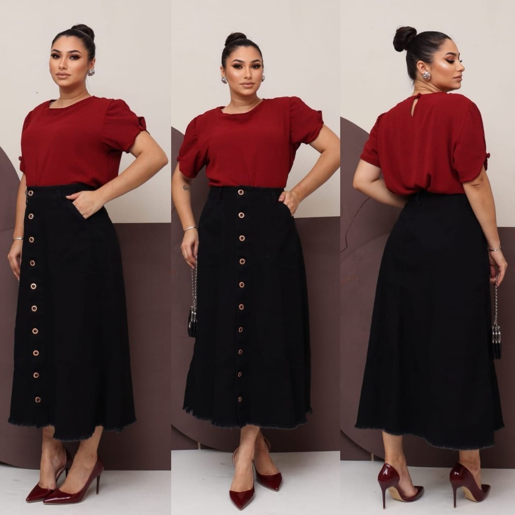 Saia Jeans Longa Preta Toda Lisa Com Botões e Bolsos Moda Evangélica 100% Jeans Luxo em Oferta na Shopee