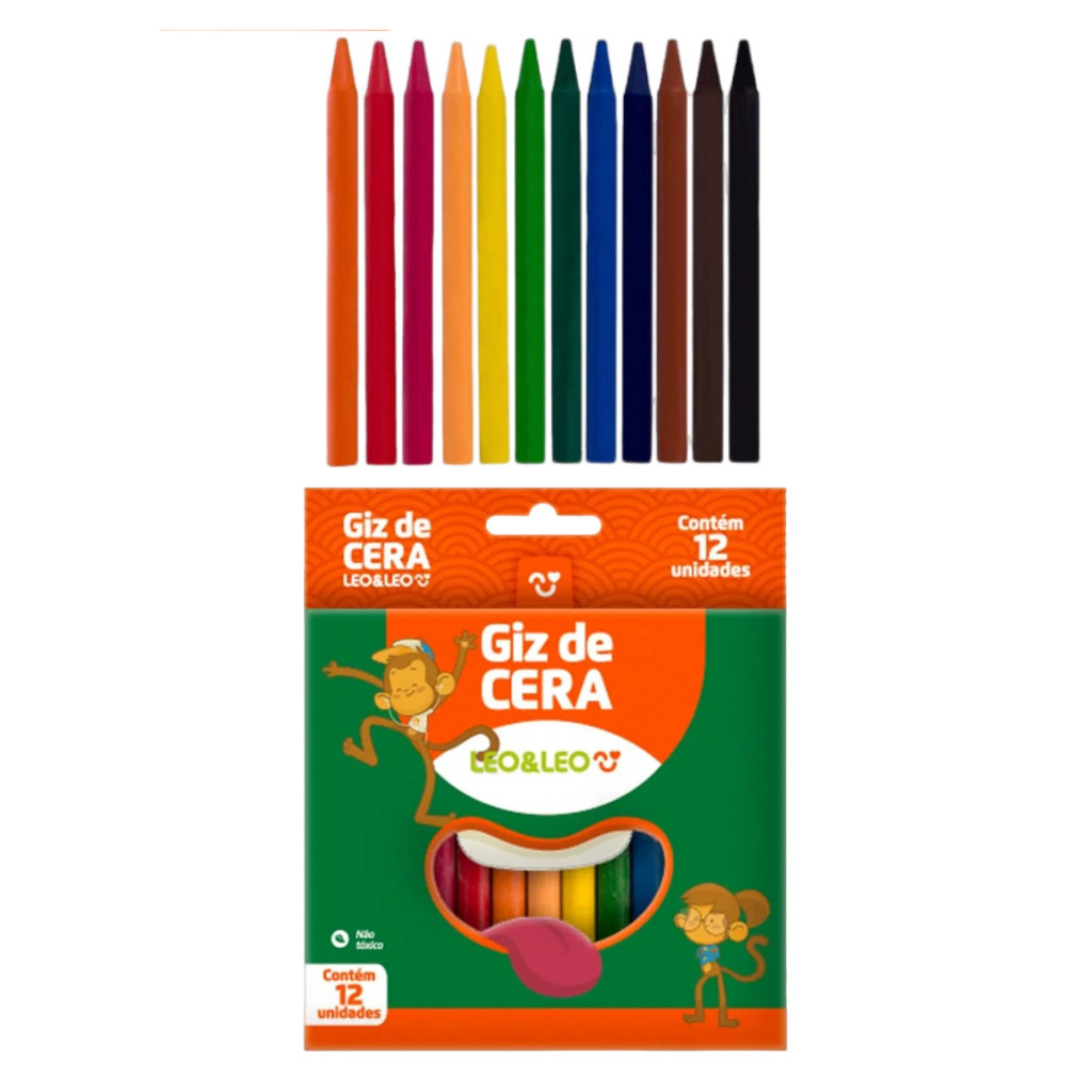 Kit 3 Caixas de Giz de Cera Fino 88mm Caixa com 12 Cores Leo&Leo