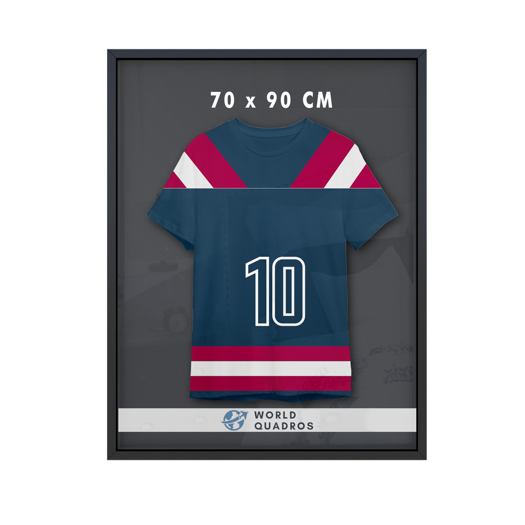 Moldura Caixa Alta 70x90 Decoração Camiseta Time Futebol Volei Basquete Formatura Fundo MDF Preto Com Proteção Vidro