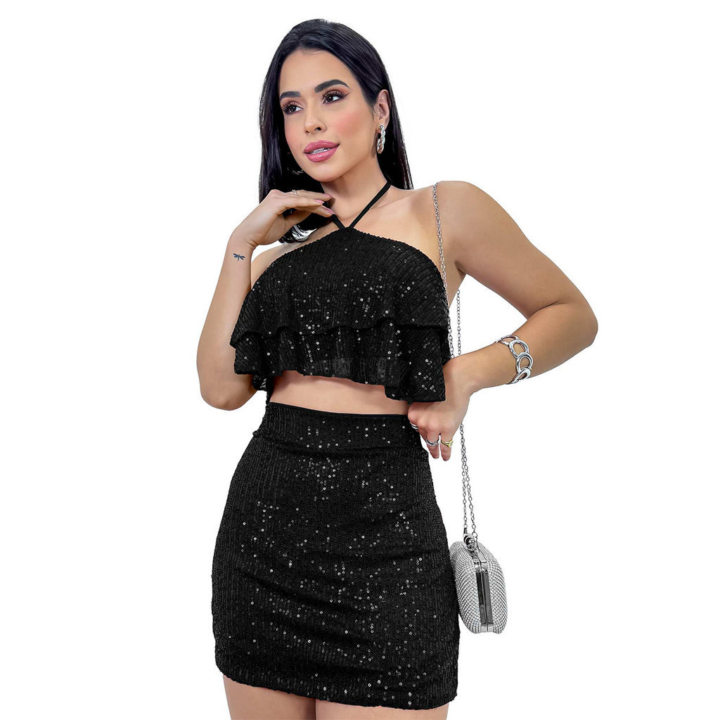 Conjunto Top Cropped E Short Saia Paete Brilho Festa Babado Carnaval Sexy