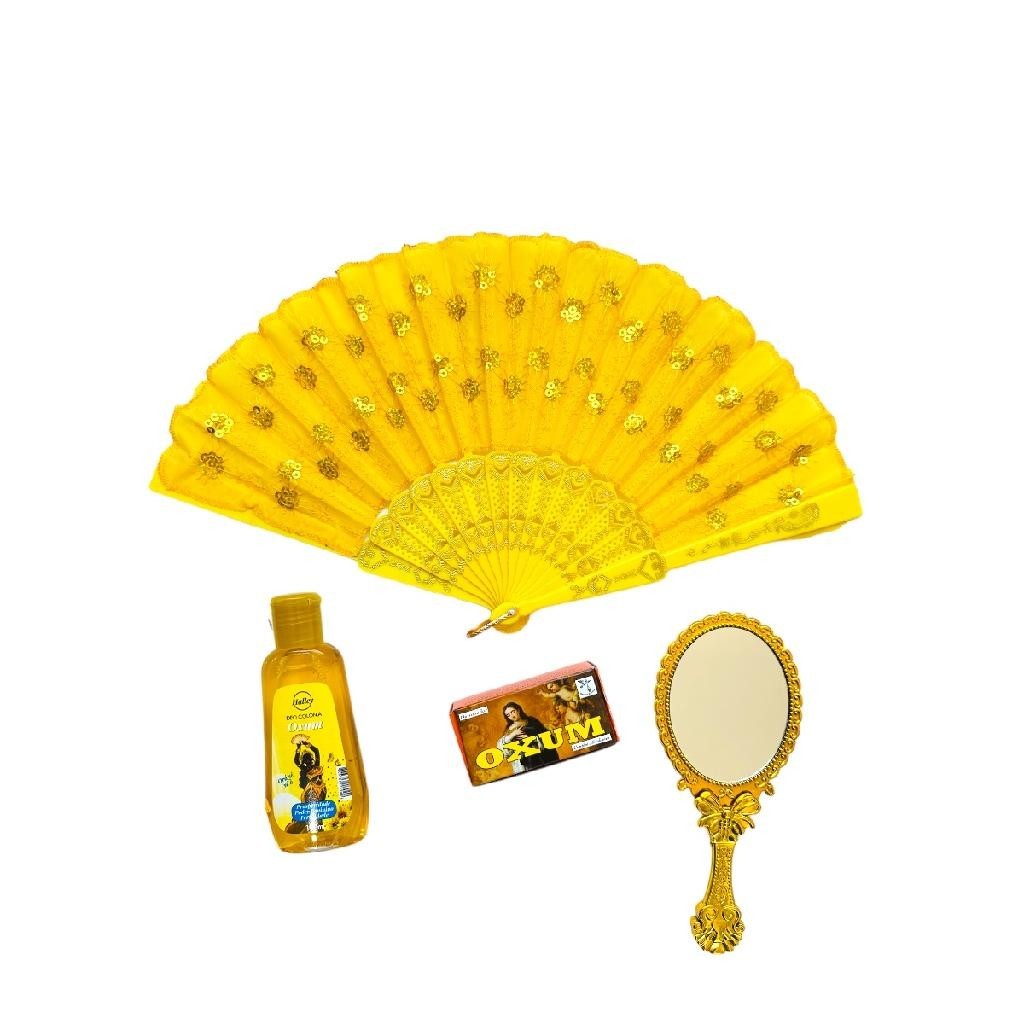 Kit Ouro Oxum Leque Alfazema Defumador Abebe Medio Dobravel