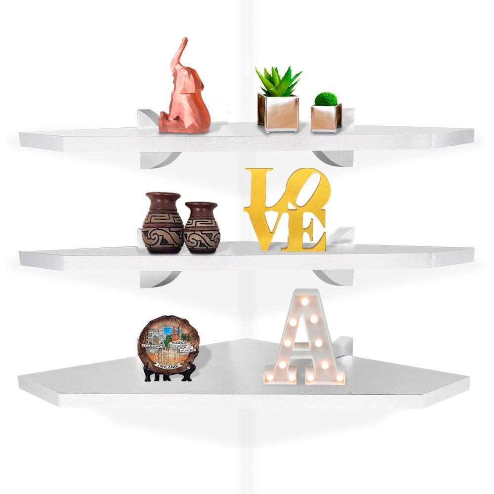 Kit 03 Prateleira De Parede De Canto Carvign Para Quarto Sala Cozinha Em MDP Branco em Oferta na Shopee
