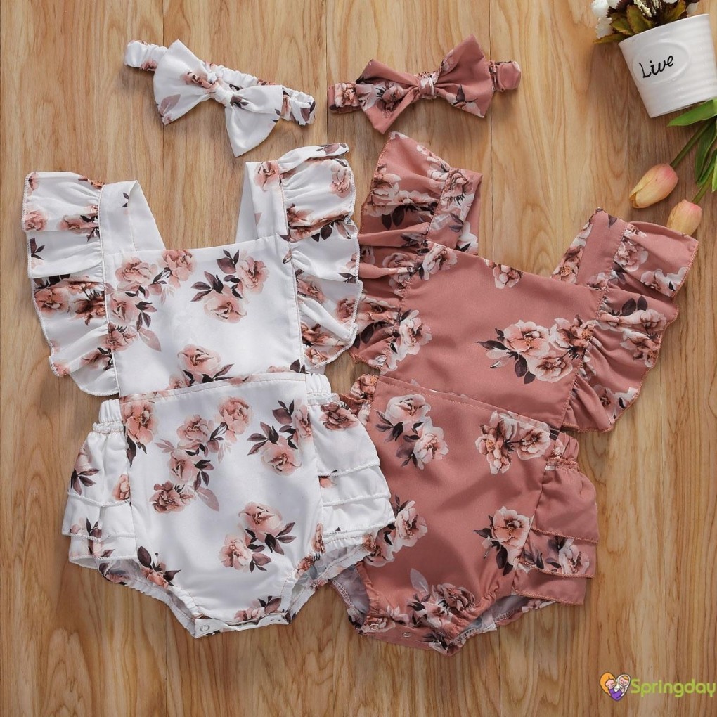 Infantil Bebê Meninas Roupas Floral Estampado Sem Mangas Macacão Com Faixa De Cabeça, 0-24 Meses em Oferta na Shopee
