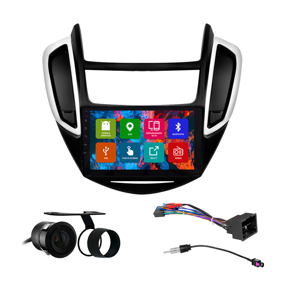 Kit Multimídia 9 Pol Tracker 2014 2015 2016 Android 2Gb Ram 32Gb Flash Quad-Core 2 Din Preto Wifi Gps Ips Camera Ré