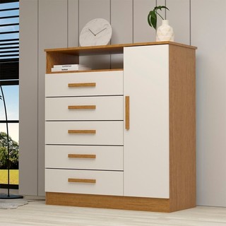 Cômoda 95 cm 1 Porta 5 Gavetas 100% Mdf Nemésia Espresso Móveis Cinamomo/Off-White em Oferta na Shopee