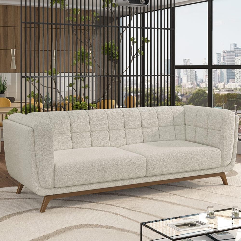 Sofá Decorativo Sala de Estar 180cm Rocket 2 Lugares Base Madeira Boucle Off White G45 - Gran Belo