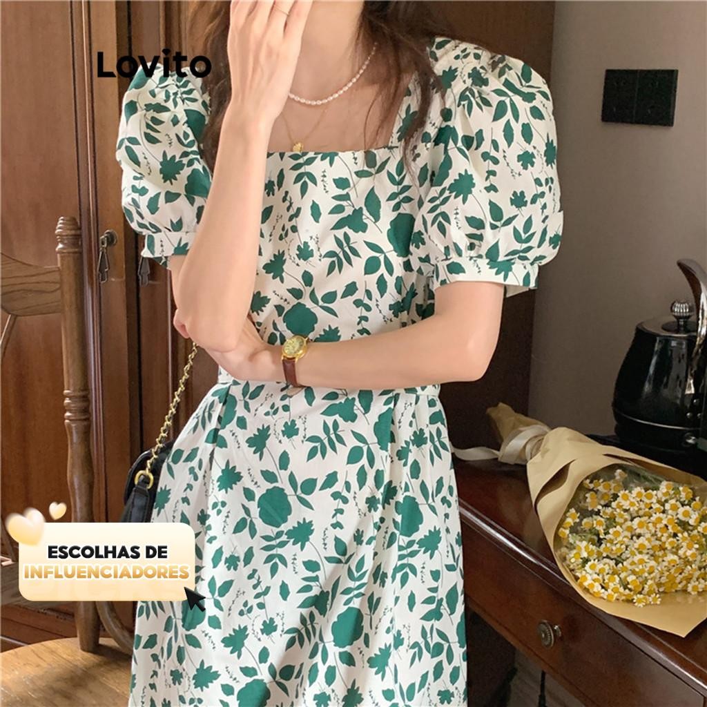 (KOL‘s pick) Lovito Vestido Boho Casual com Amarração Floral e Mangas Bufantes para Mulheres LNE05124 (Verde)