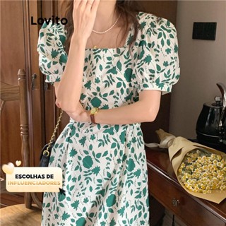 (KOL‘s pick) Lovito Vestido Boho Casual com Amarração Floral e Mangas Bufantes para Mulheres LNE05124 (Verde) em Oferta na Shopee